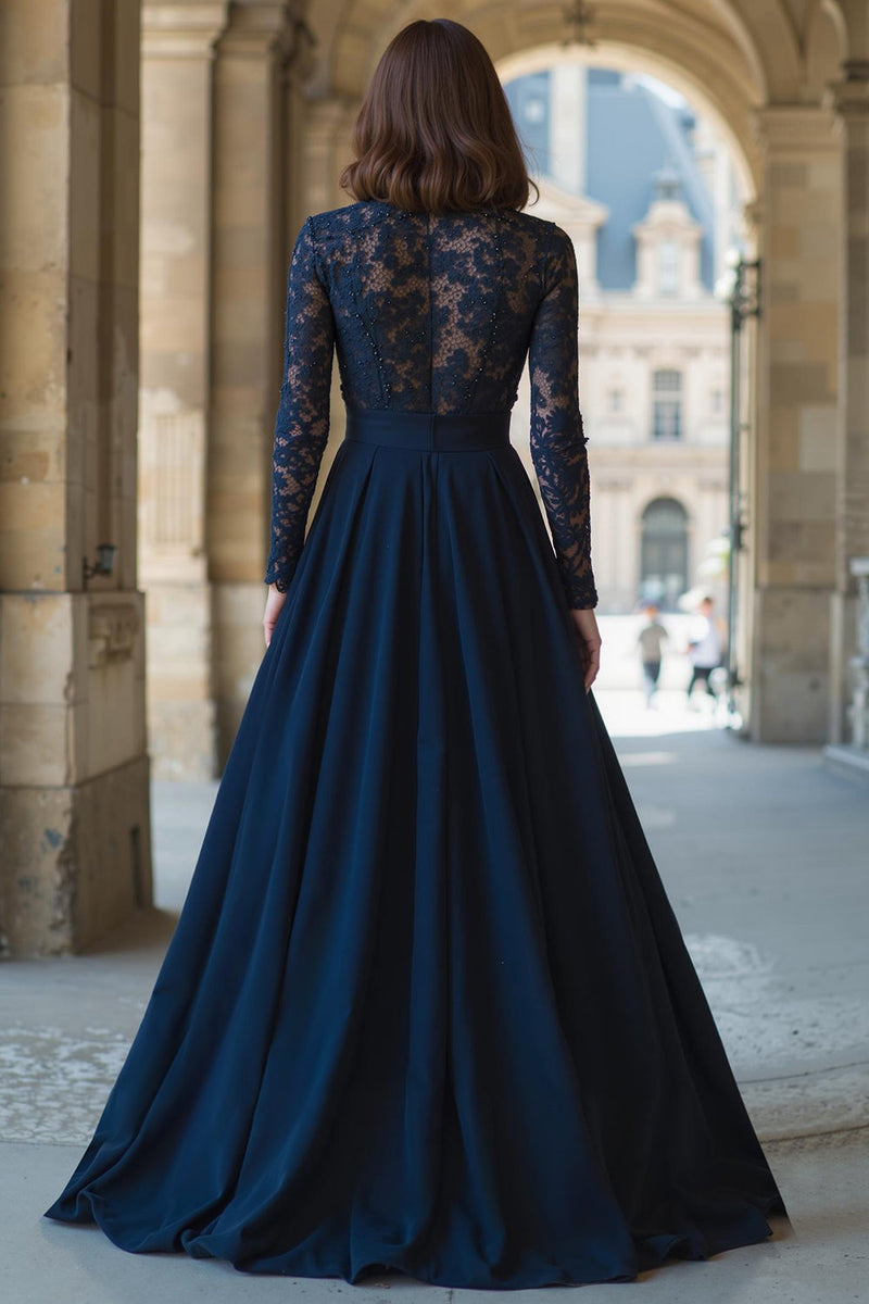 Load image into Gallery viewer, Navy Chiffon High Neck A-Line Long Sleeves Mother of the Bride Dress with Lace