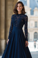Load image into Gallery viewer, Navy Chiffon High Neck A-Line Long Sleeves Mother of the Bride Dress with Lace
