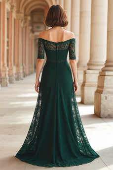 Dark Green A-Line Lace Off the Shoulder Long Mother of the Bride Dress with Sleeves