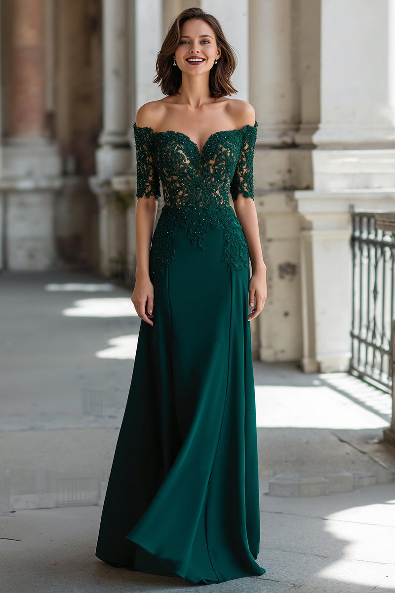Load image into Gallery viewer, Dark Green Sheath Chiffon Off the Shoulder Long Mother of the Bride Dress with Lace