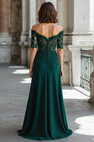 Load image into Gallery viewer, Dark Green Sheath Chiffon Off the Shoulder Long Mother of the Bride Dress with Lace
