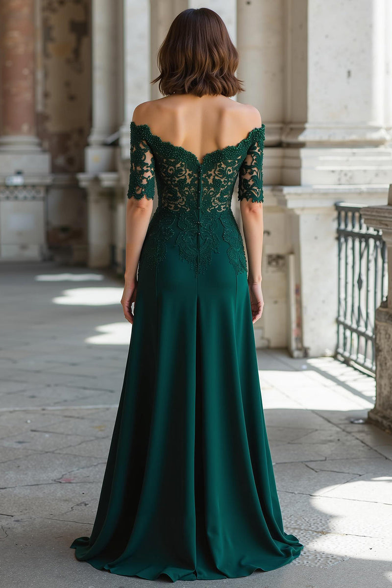 Load image into Gallery viewer, Dark Green Sheath Chiffon Off the Shoulder Long Mother of the Bride Dress with Lace