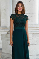 Load image into Gallery viewer, Peacock Green Chiffon A-Line Round Neck Long Mother of the Bride Dress with Beading