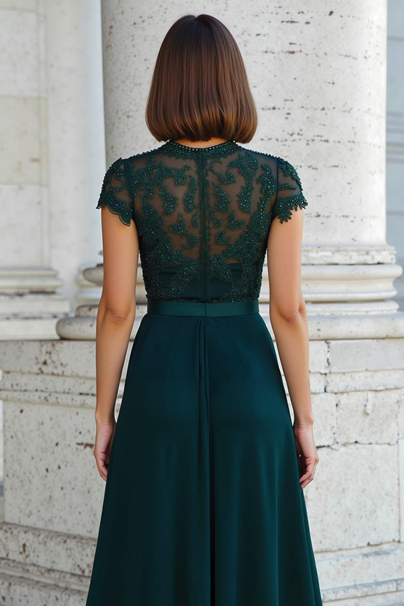 Load image into Gallery viewer, Peacock Green Chiffon A-Line Round Neck Long Mother of the Bride Dress with Beading