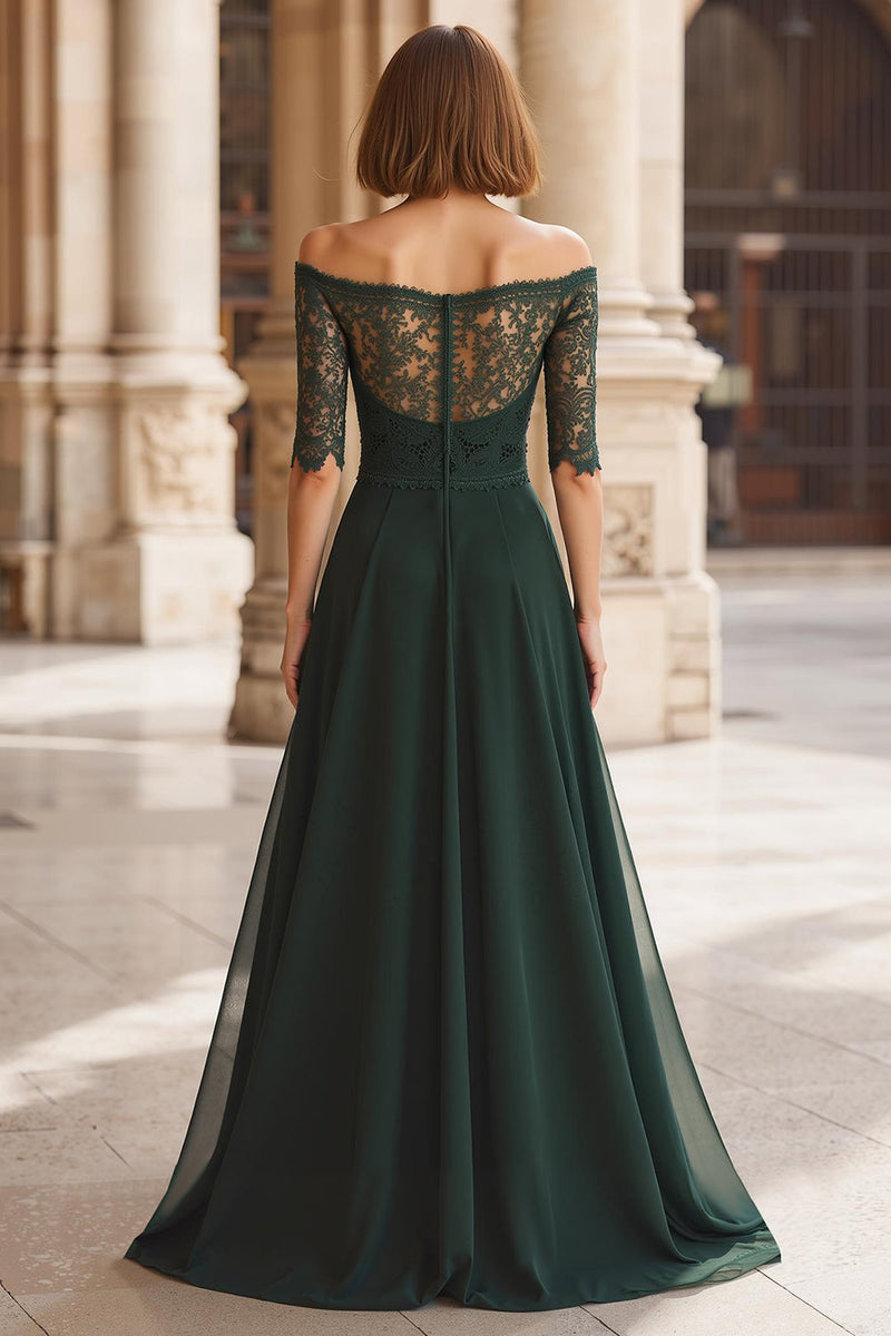 Load image into Gallery viewer, Pine Green Chiffon Off the Shoulder A-Line Lace Sleeves Mother of the Bride Dress