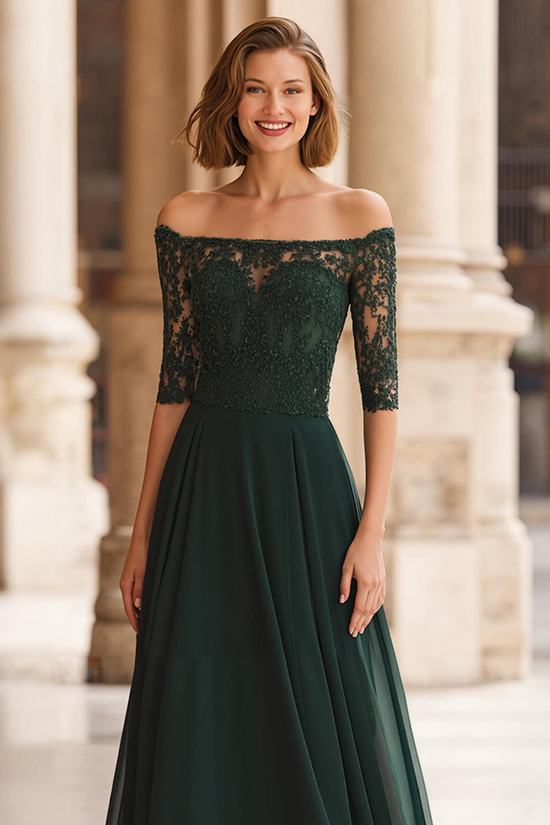 Load image into Gallery viewer, Pine Green Chiffon Off the Shoulder A-Line Lace Sleeves Mother of the Bride Dress