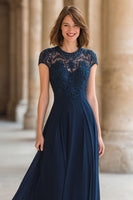 Load image into Gallery viewer, Navy Round Neck A-Line Chiffon Long Mother of the Bride Dress with Lace