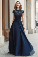 Load image into Gallery viewer, Navy A-Line Chiffon Round Neck Long Mother of the Bride Dress with Lace