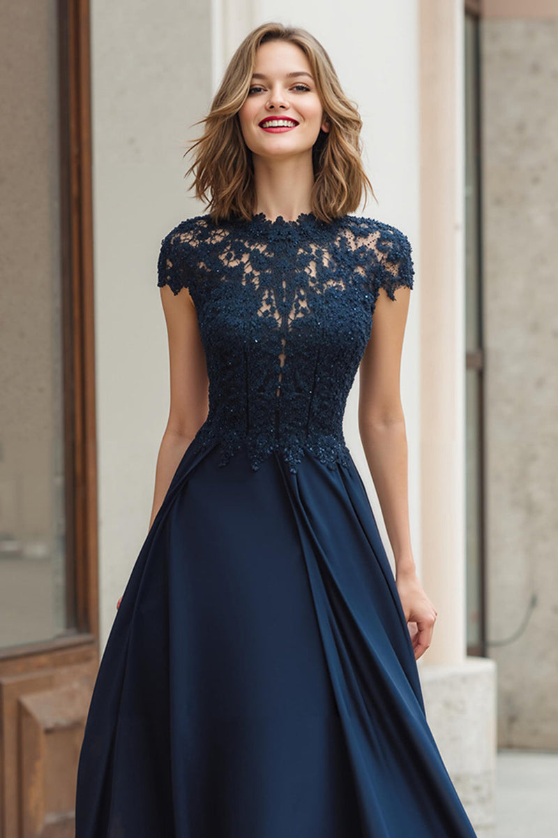 Load image into Gallery viewer, Navy A-Line Chiffon Round Neck Long Mother of the Bride Dress with Lace