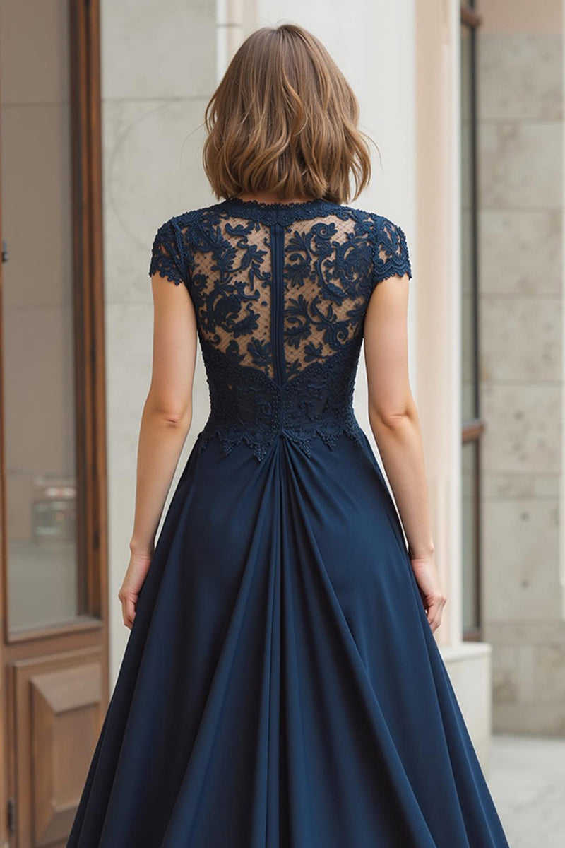 Load image into Gallery viewer, Navy A-Line Chiffon Round Neck Long Mother of the Bride Dress with Lace