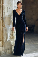Load image into Gallery viewer, Navy V-Neck Velvet Mermaid Long Sleeves Mother of the Bride Dress with Slit
