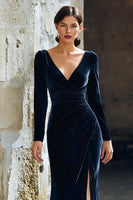 Load image into Gallery viewer, Navy V-Neck Velvet Mermaid Long Sleeves Mother of the Bride Dress with Slit