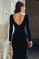 Load image into Gallery viewer, Navy V-Neck Velvet Mermaid Long Sleeves Mother of the Bride Dress with Slit