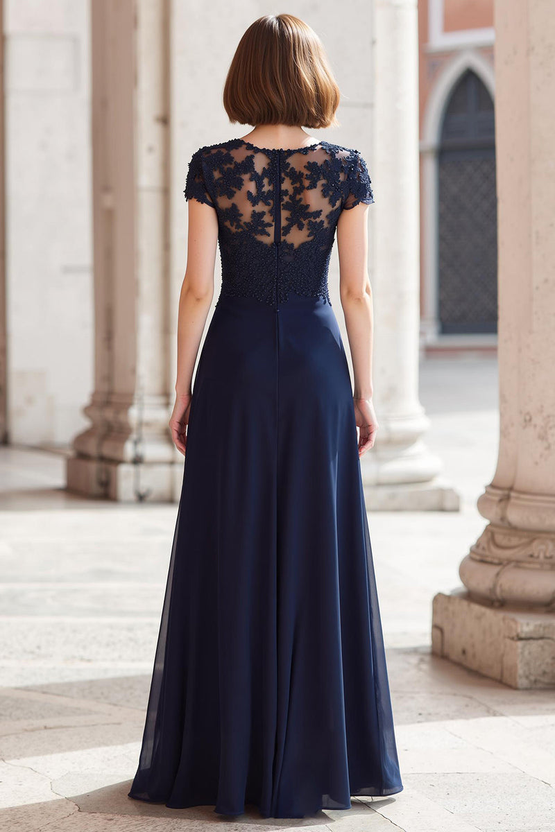 Load image into Gallery viewer, Navy Chiffon Round Neck A-Line Appliqued Long Mother of the Bride Dress