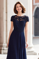 Load image into Gallery viewer, Navy Chiffon Round Neck A-Line Appliqued Long Mother of the Bride Dress