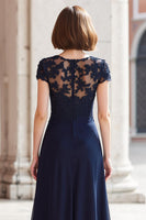 Load image into Gallery viewer, Navy Chiffon Round Neck A-Line Appliqued Long Mother of the Bride Dress