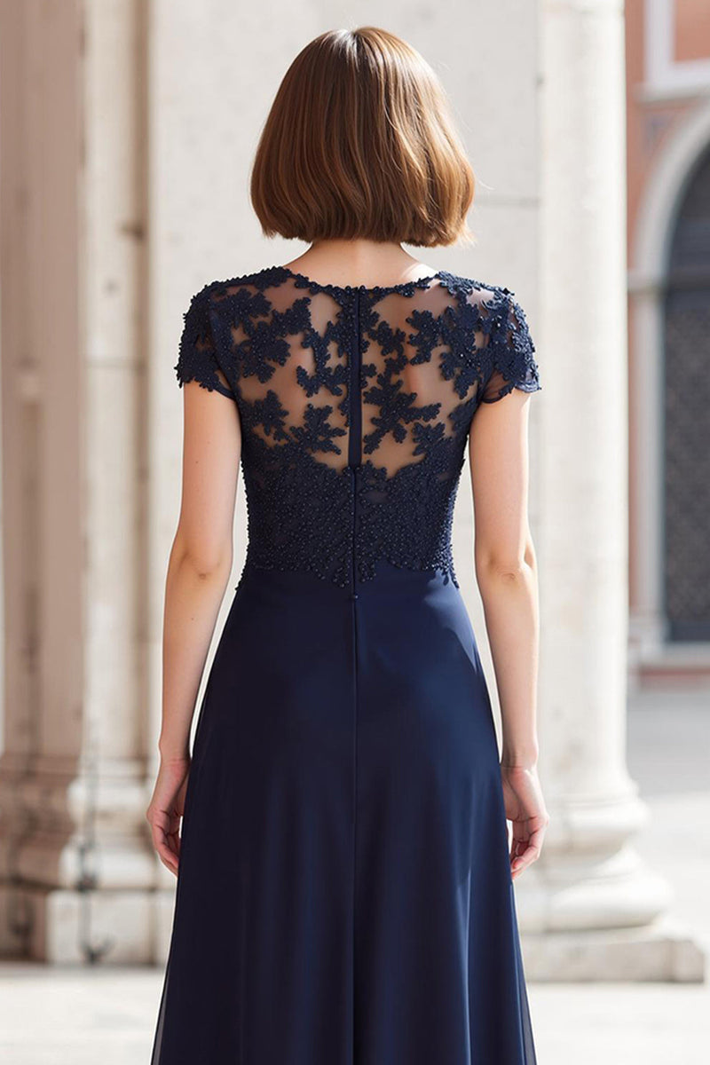 Load image into Gallery viewer, Navy Chiffon Round Neck A-Line Appliqued Long Mother of the Bride Dress