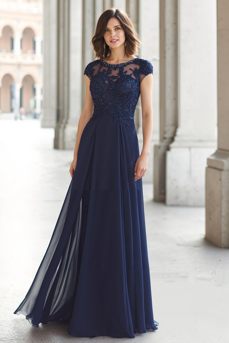 Queendancer Women Navy Chiffon Long Mother of the Bride Dress with  Appliques Cap Sleeves A-Line Boat Neck Wedding Guest Dress – queendancer
