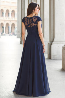 Navy Boat Neck Chiffon A-Line Long Mother of the Bride Dress with Appliques