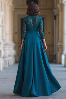 Peacock Blue A-Line Chiffon High Neck Long Sleeves Mother of the Bride Dress