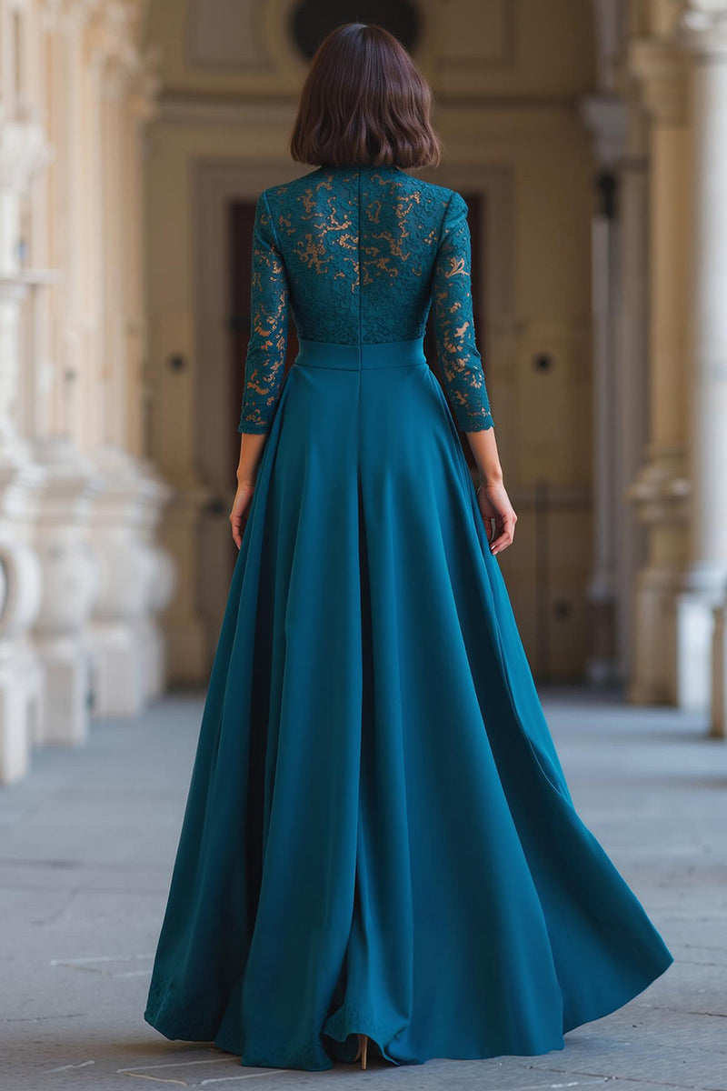 Load image into Gallery viewer, Peacock Blue A-Line Chiffon High Neck Long Sleeves Mother of the Bride Dress