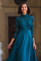 Load image into Gallery viewer, Peacock Blue A-Line Chiffon High Neck Long Sleeves Mother of the Bride Dress