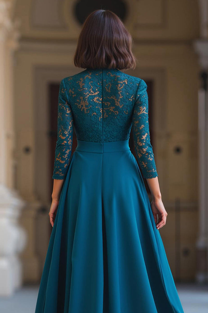 Load image into Gallery viewer, Peacock Blue A-Line Chiffon High Neck Long Sleeves Mother of the Bride Dress