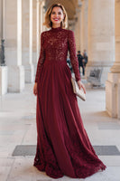 Load image into Gallery viewer, Burgundy Chiffon High Neck A-Line Long Sleeves Mother of the Bride Dress with Lace