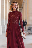 Load image into Gallery viewer, Burgundy Chiffon High Neck A-Line Long Sleeves Mother of the Bride Dress with Lace