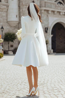 Ivory Satin Midi A Line Midi Wedding Dress with Sleeves