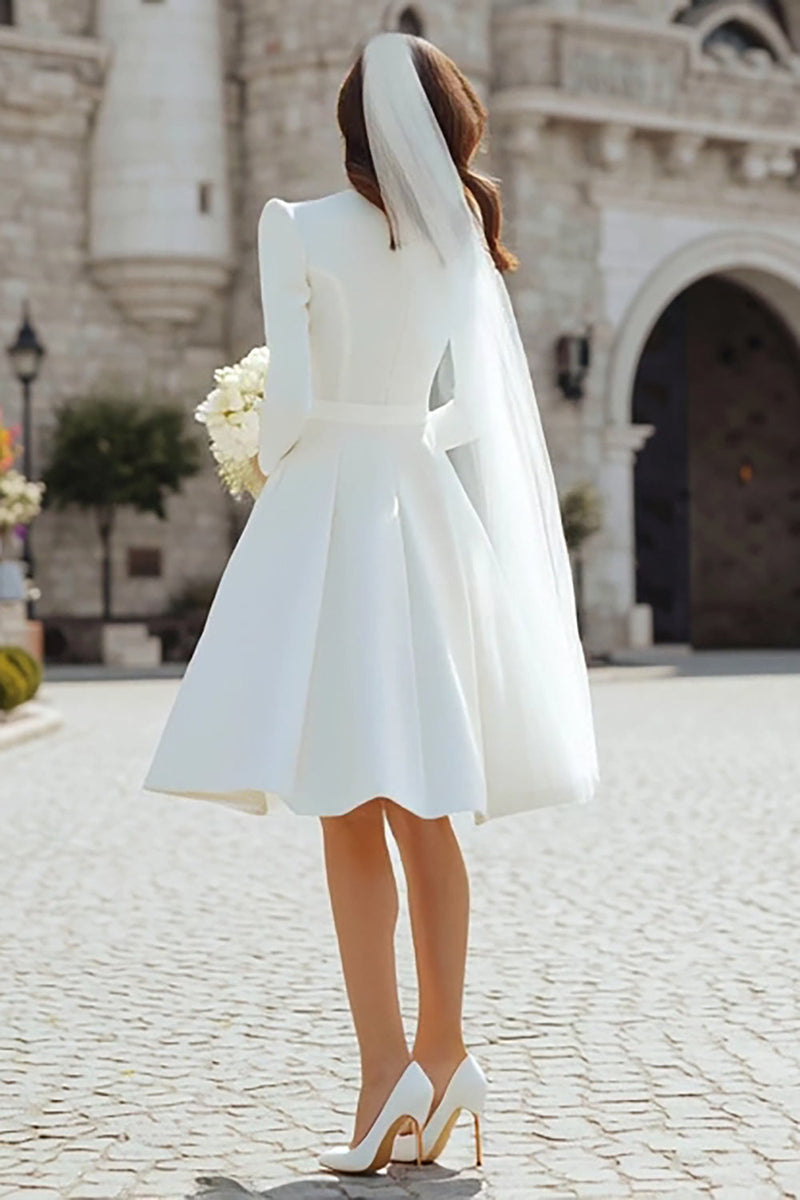 Load image into Gallery viewer, Ivory Satin Midi A Line Midi Wedding Dress with Sleeves