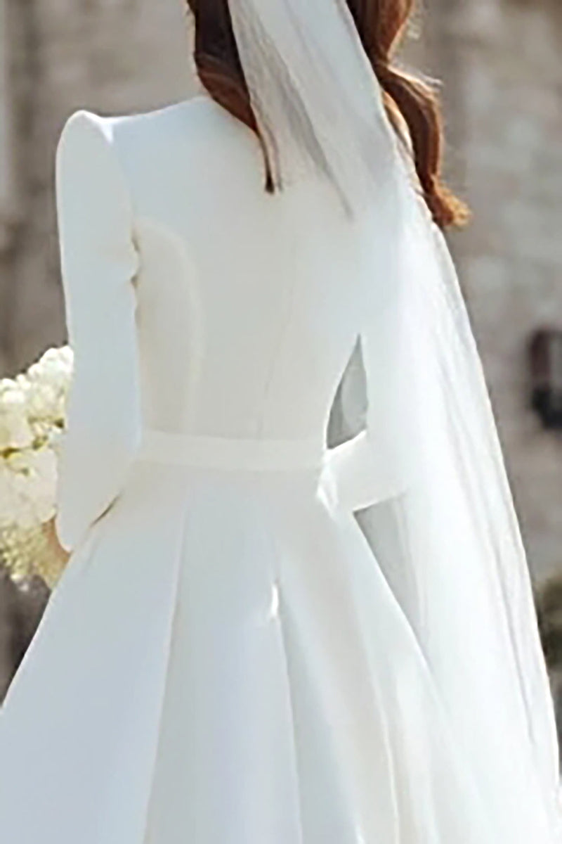 Load image into Gallery viewer, Ivory Satin Midi A Line Midi Wedding Dress with Sleeves