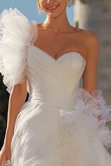 Ivory Tulle Bodycon One Shoulder Short Wedding Dress with Ruffles