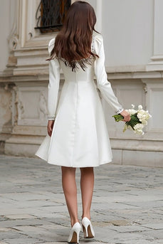 Sparkly Ivory Satin A Line Sleeves Short Wedding Dress with Beading