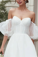 Load image into Gallery viewer, Ivory Tulle A Line Off the Shoulder Midi Wedding Dress with Ruffles