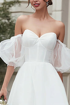 Ivory Tulle A Line Off the Shoulder Midi Wedding Dress with Ruffles