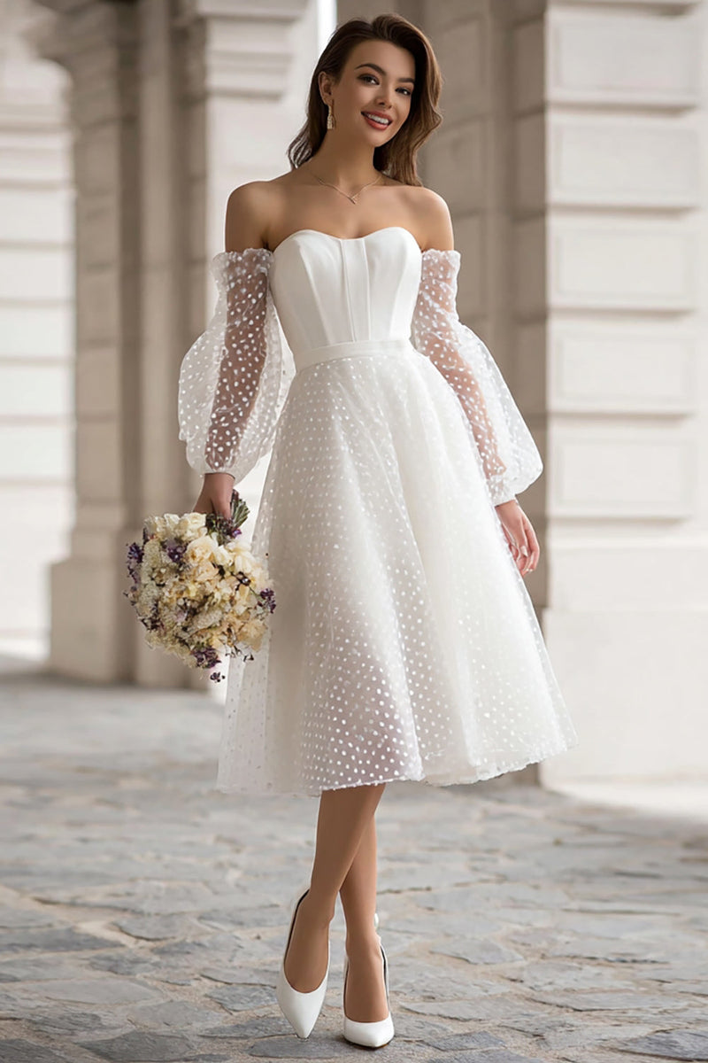 Load image into Gallery viewer, Ivory A Line Off the Shoulder Midi Wedding Dress with Sleeves