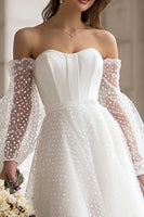 Load image into Gallery viewer, Ivory A Line Off the Shoulder Midi Wedding Dress with Sleeves