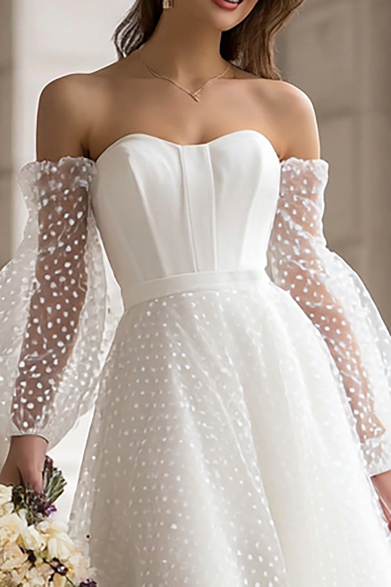 Load image into Gallery viewer, Ivory A Line Off the Shoulder Midi Wedding Dress with Sleeves