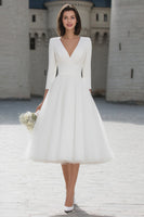 Load image into Gallery viewer, Ivory Tulle V-Neck A Line Midi Wedding Dress with Sleeves
