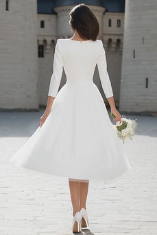 Ivory Tulle V-Neck A Line Midi Wedding Dress with Sleeves