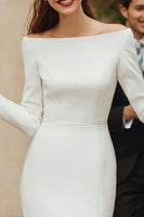 Load image into Gallery viewer, Ivory Bodycon Satin Off the Shoulder Short Wedding Dress with Feathers