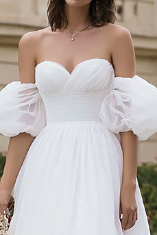 Ivory Organza A Line Off the Shoulder Midi Wedding Dress