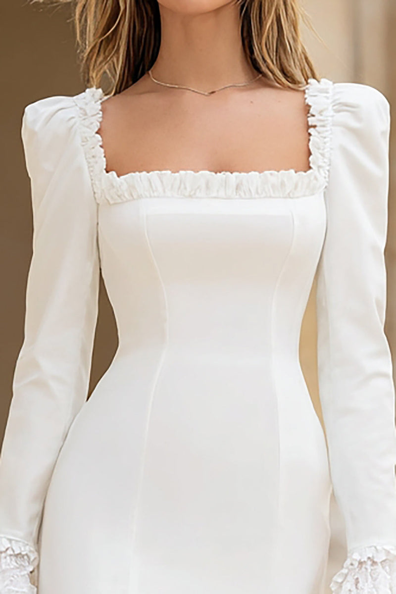 Load image into Gallery viewer, Ivory Satin Square Neck Bodycon Short Bridal Shower Dress with Sleeves