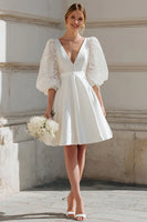 Load image into Gallery viewer, Ivory Satin V-Neck A Line Short Bridal Shower Dress with Lace