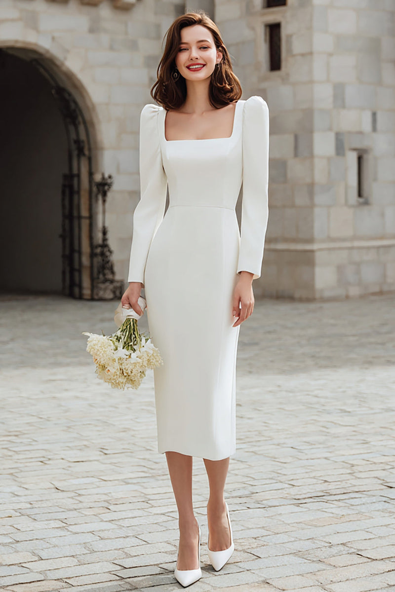 Load image into Gallery viewer, Ivory Bodycon Square Neck Midi Engagement Dress with Sleeves