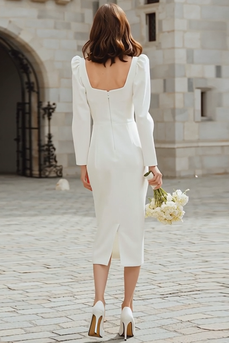 Ivory Bodycon Square Neck Midi Engagement Dress with Sleeves