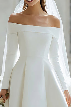 Ivory Satin Off the Shoulder High-Low Wedding Dress with Sleeves