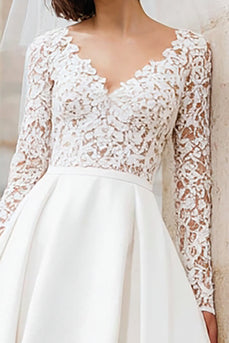 Ivory Satin V-Neck A Line Short Wedding Dress with Lace