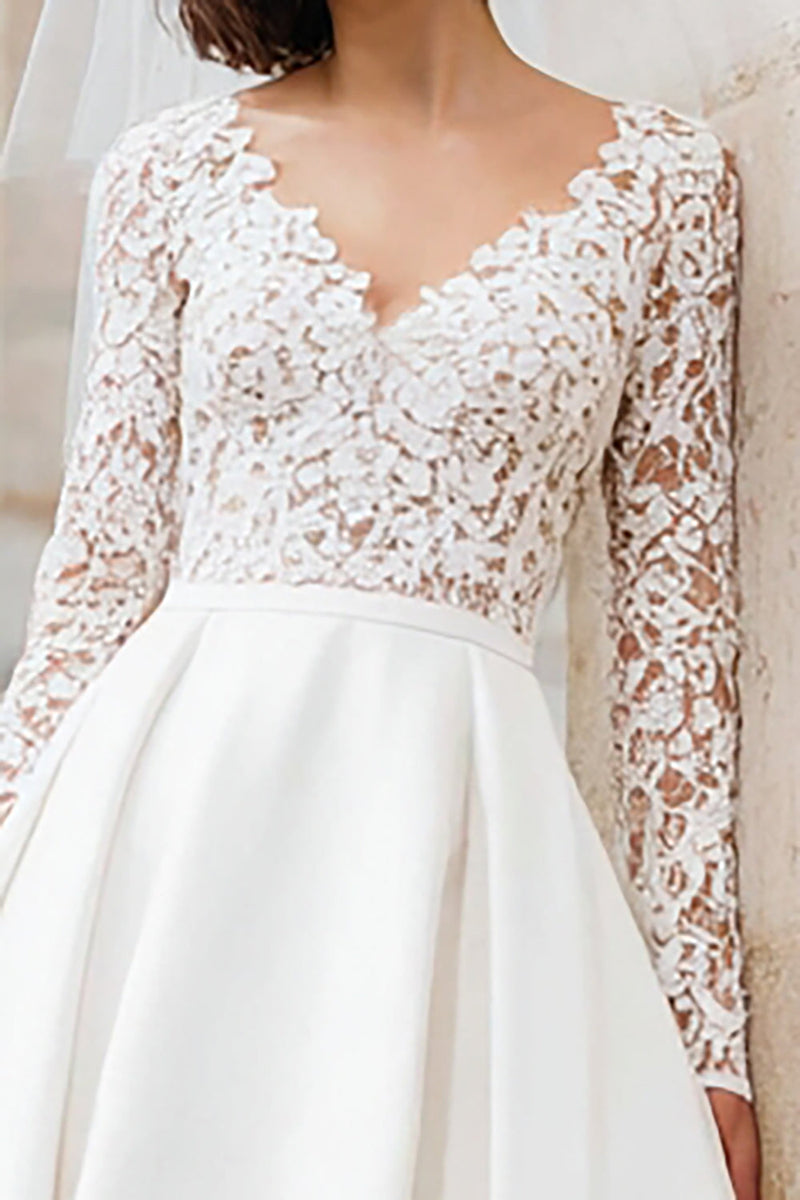 Load image into Gallery viewer, Ivory Satin V-Neck A Line Short Wedding Dress with Lace